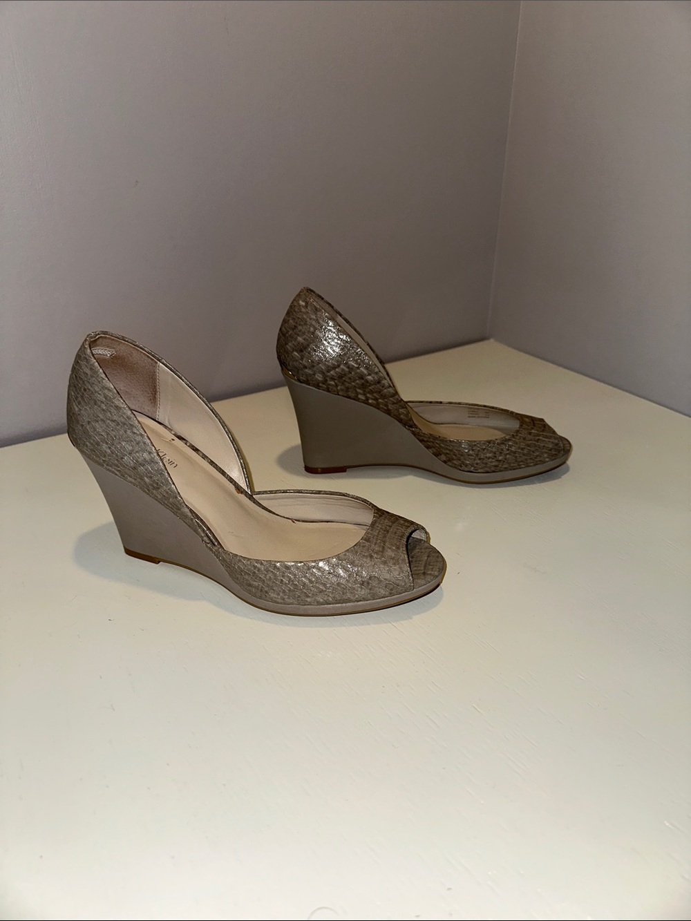 Calvin Klein Taupe Textured Peep-Toe Wedge Heels